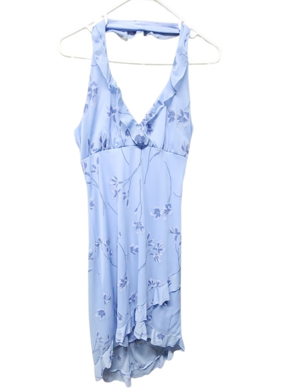 Vintage 90s Y2K Byer Too! Light Blue Floral Glitter Halter Dress Medium